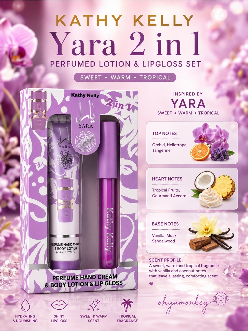 Kathy Kelly Yara 2-in-1 Perfumed Lip Gloss & Hand Cream Set - Purple